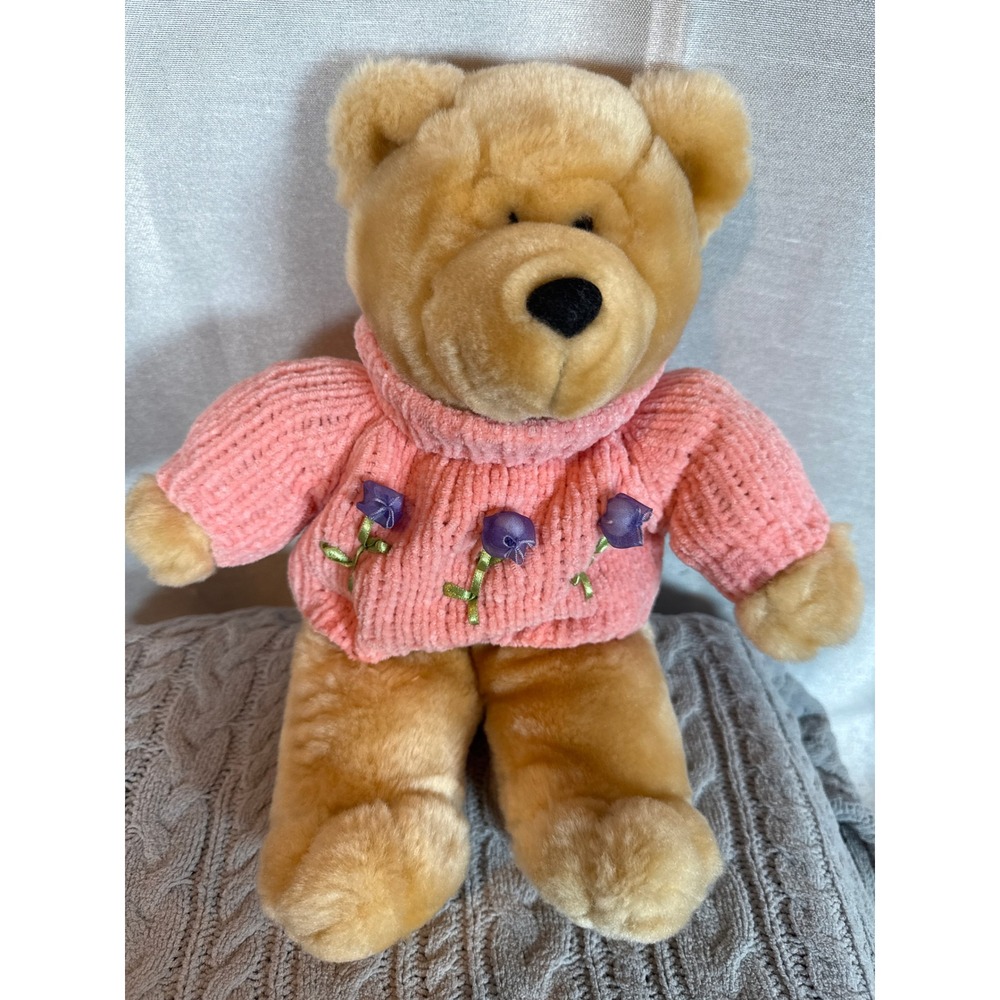 Teddy Bear Plush Toy Pink Chenille Sweater Embroidered Flowers‎
